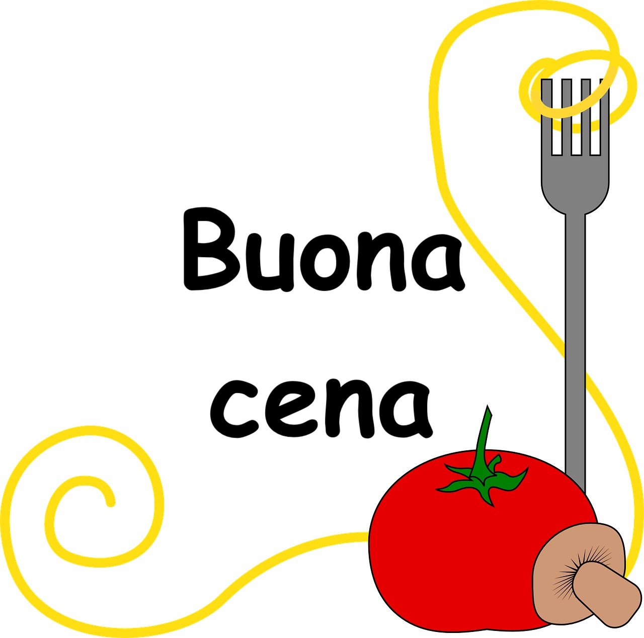 disegno di un pomodoro e una forchetta con uno spaghetto che li avvolge 